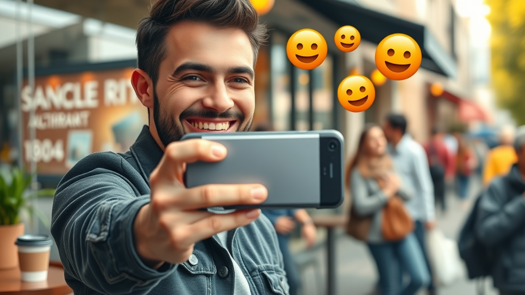 Vibrant social media influencer recording video, city café background, digital reaction emojis, outdoor afternoon light