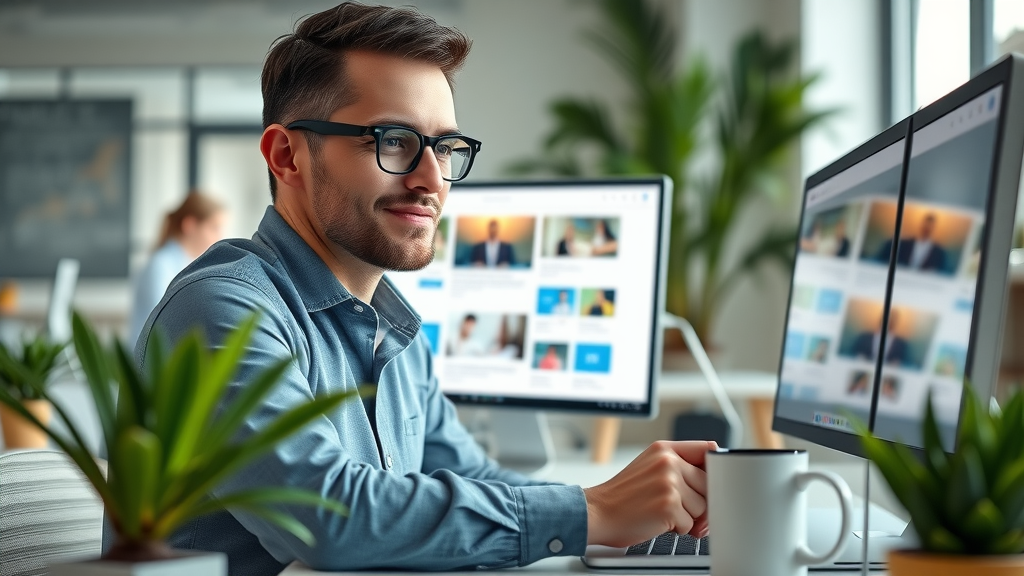 Professional marketer designing engaging email campaign, reviewing templates, open tech workspace with digital screens and plants