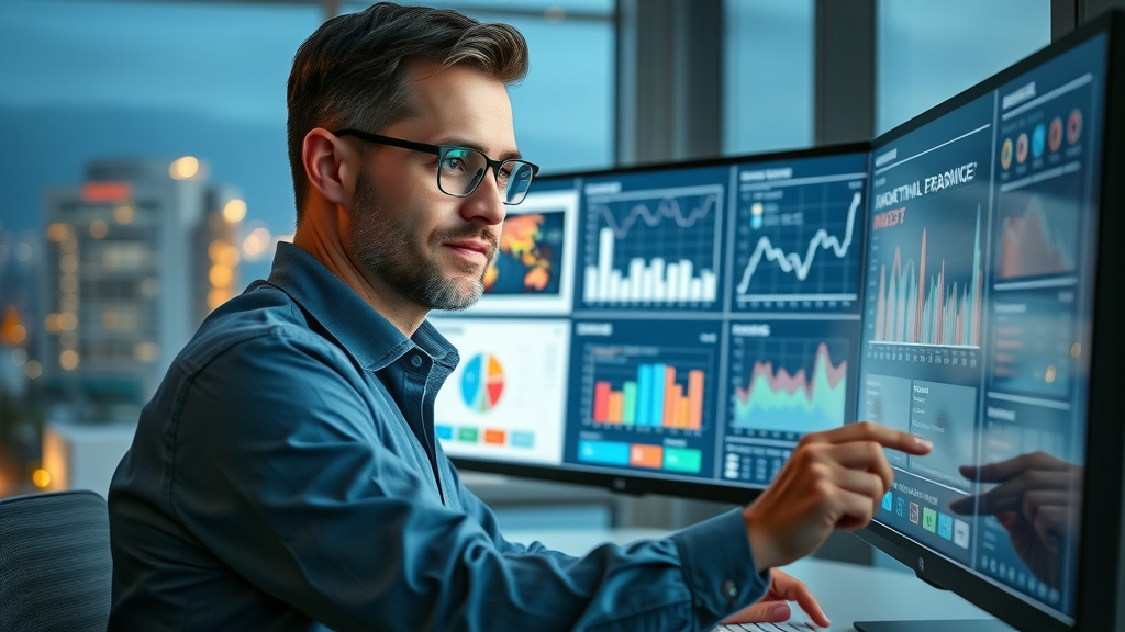 Insightful data analyst reviewing marketing performance dashboard, interactive analytics charts, modern high-tech office at night