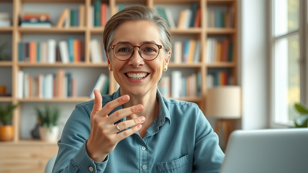 Warm content marketing consultant answering client questions, friendly video call in modern home office