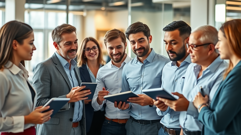 Inviting diverse group of business professionals engaging with branded materials - brand awareness in a collaborative modern office environment