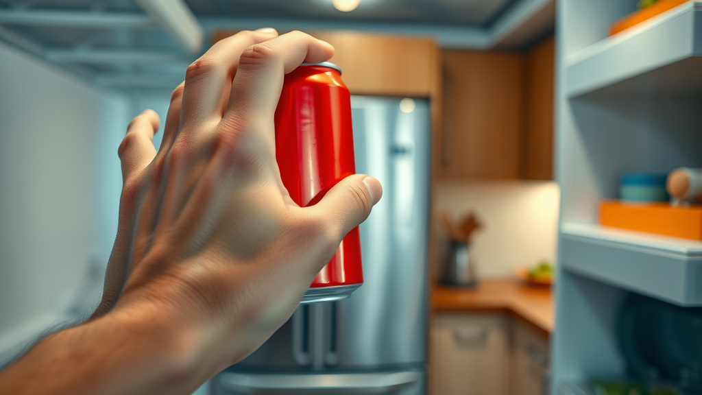 Vibrant close-up of a hand reaching for a red, unlabeled can in a fridge - spontaneous brand recall example