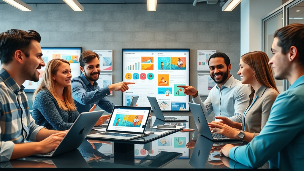 Modern creative marketing team brainstorming over campaign strategies - building brand awareness with digital displays and mood boards