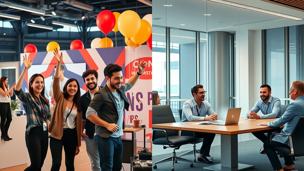 Comparative split-screen scene: energetic startup team at a launch event and sophisticated established brand team in a strategy meeting - contrasting approaches to brand awareness