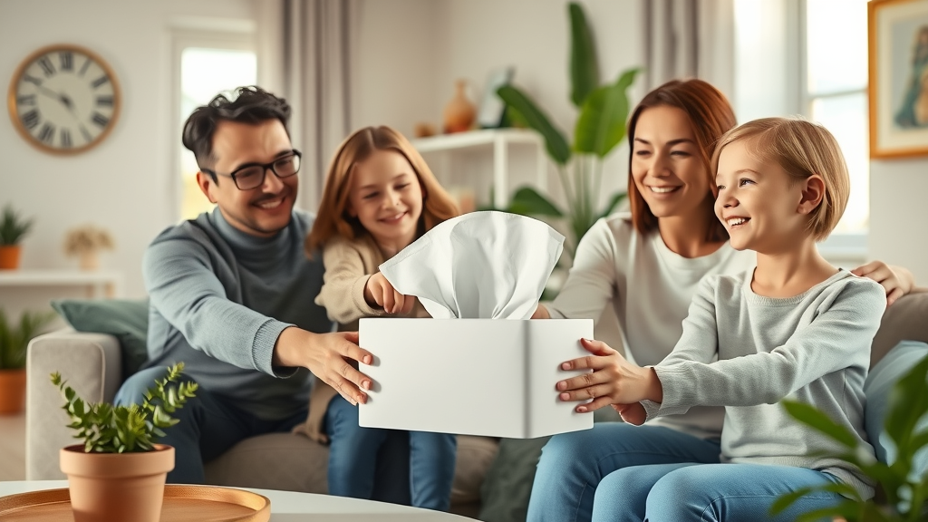 Friendly family in a living room reaching for a generic tissue box - an everyday example of brand awareness