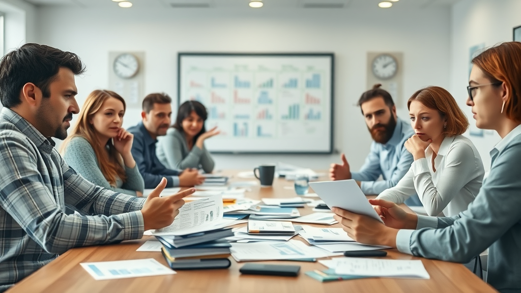 Candid marketing planning session with misaligned collateral and confused team - pitfalls in brand awareness strategy